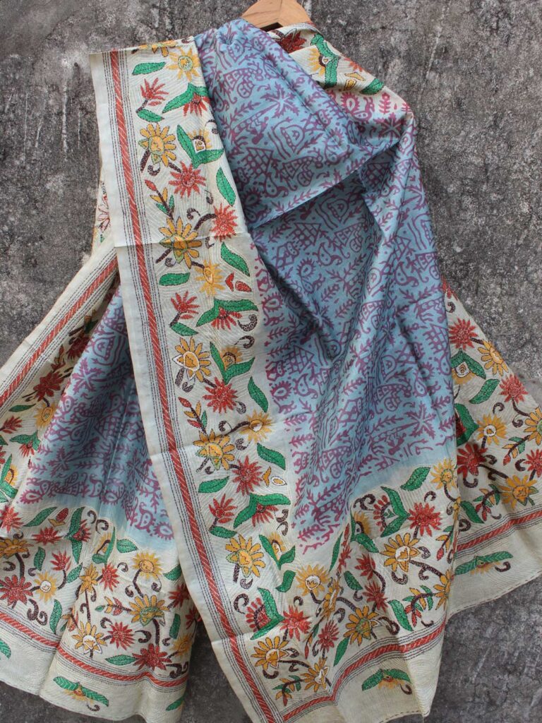 Block-Printed-Kanthawork-tussar-silk-Dupatta at shilphaat