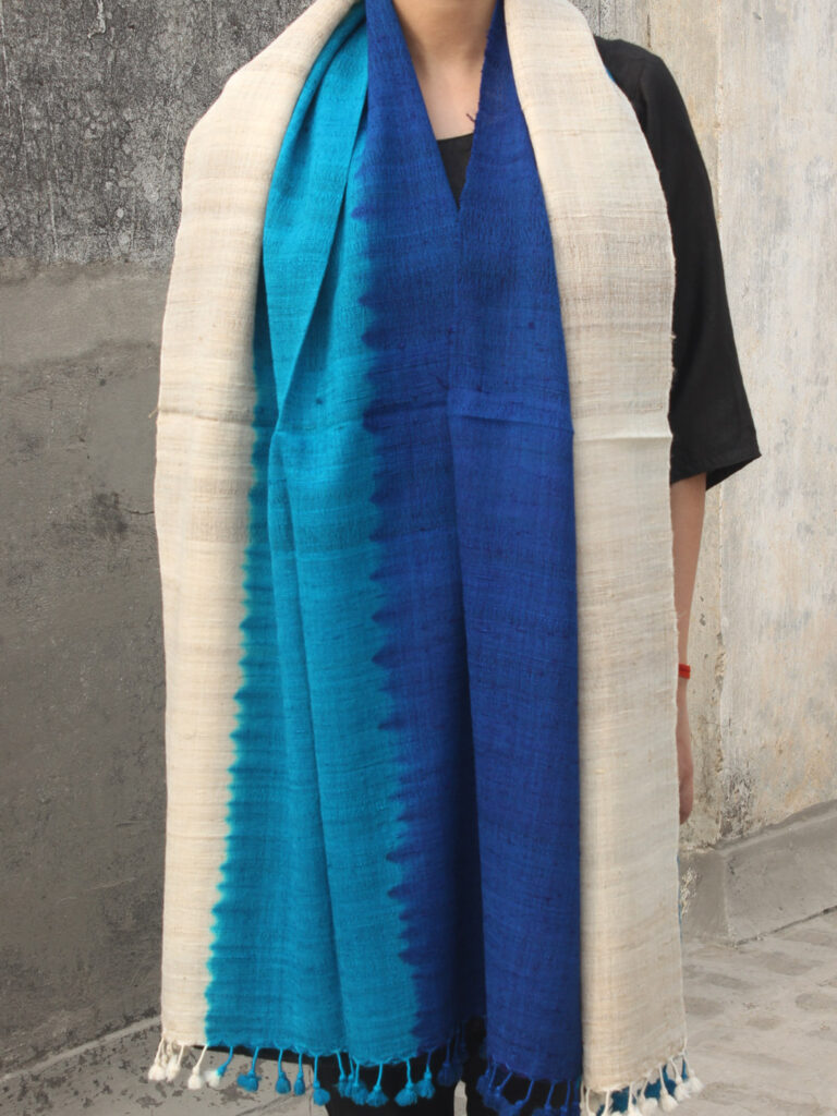 blue-and-beige-white-wool-silk-scarf at Shilphaat.com