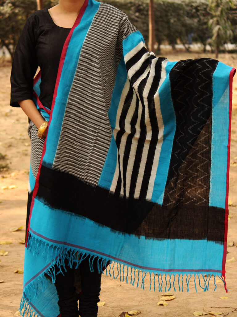 blue-black-and-white-ikat-dupatta at Shilphaat.com