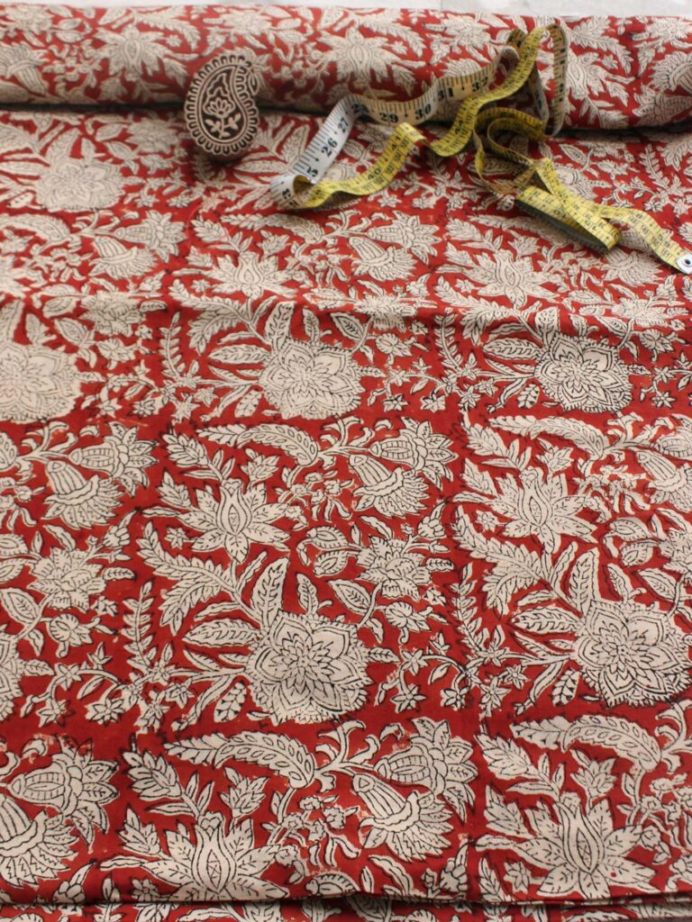 Madder-Red-floral-block-print-mul-cotton-kurta-fabric Shilphaat