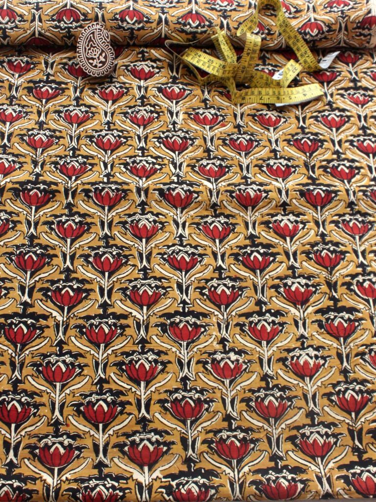 Mud-yellow,-Red-lotus-Bagru-Block-print-cotton-fabric-Shilphaat