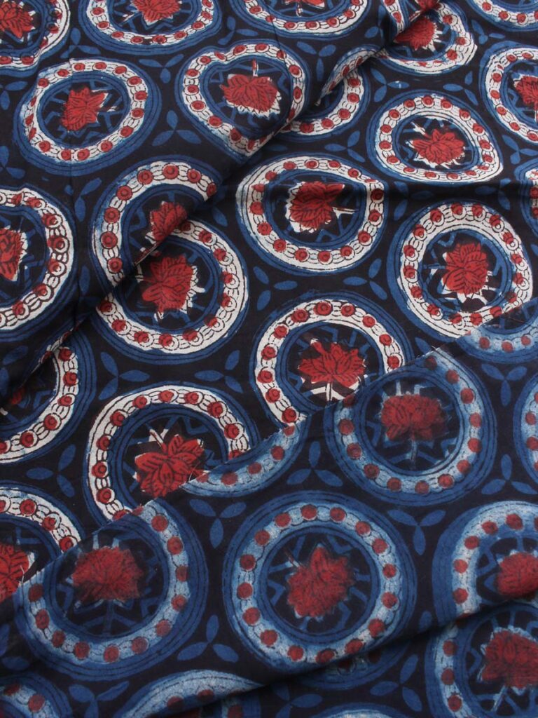 Red-lotus,-indigo-dabu-printed-cotton-kurta-fabrics Shilphaat