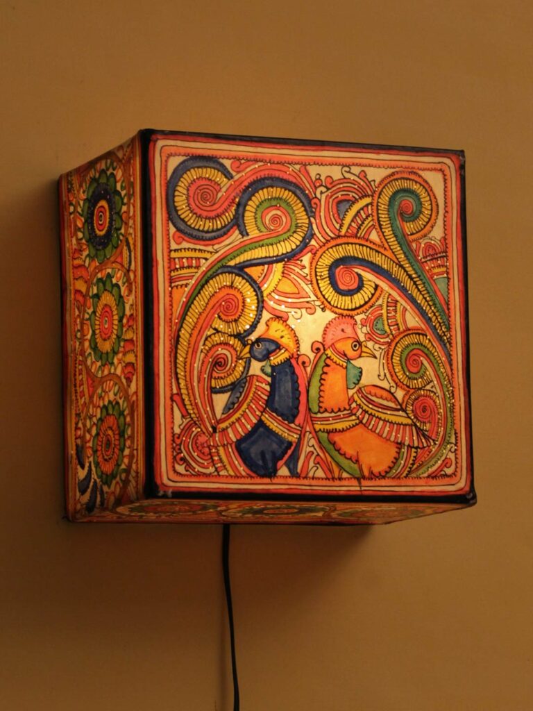 Two-peacocks-Tholu-bommalata-square-wall-lamp by Shilphaat