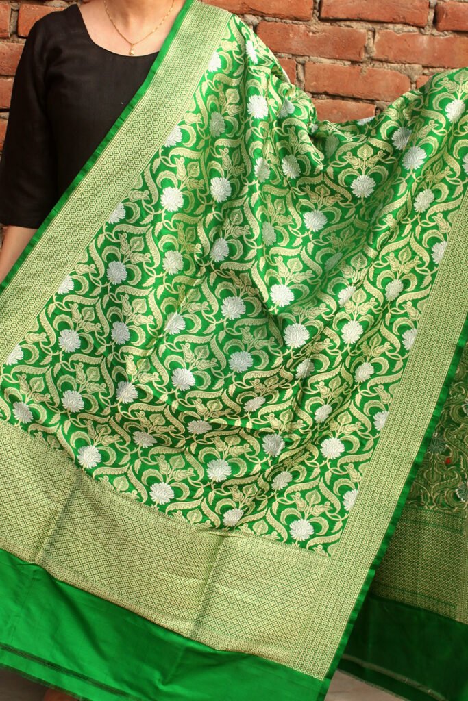 Dark-Green Pure Katan-Silk Banarasi Dupatta at Shilphaat.com