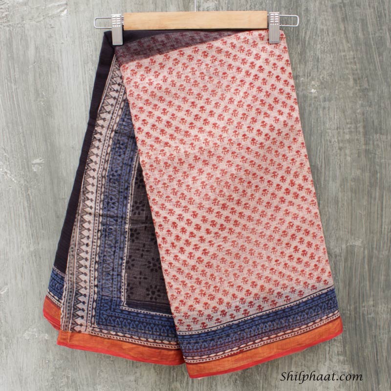 Black-and-Red-block-printed-Kota-cotton-saree at-Shilphaat.com