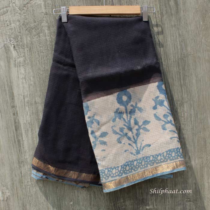 Black,-white,-blue-block-printed-Kota-cotton-saree at Shilphaat.com