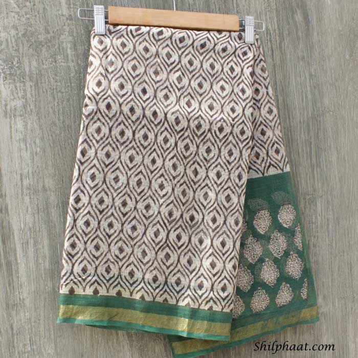 Black,-white,-green-block-printed-Kota-cotton-saree-at Shilphaat.com