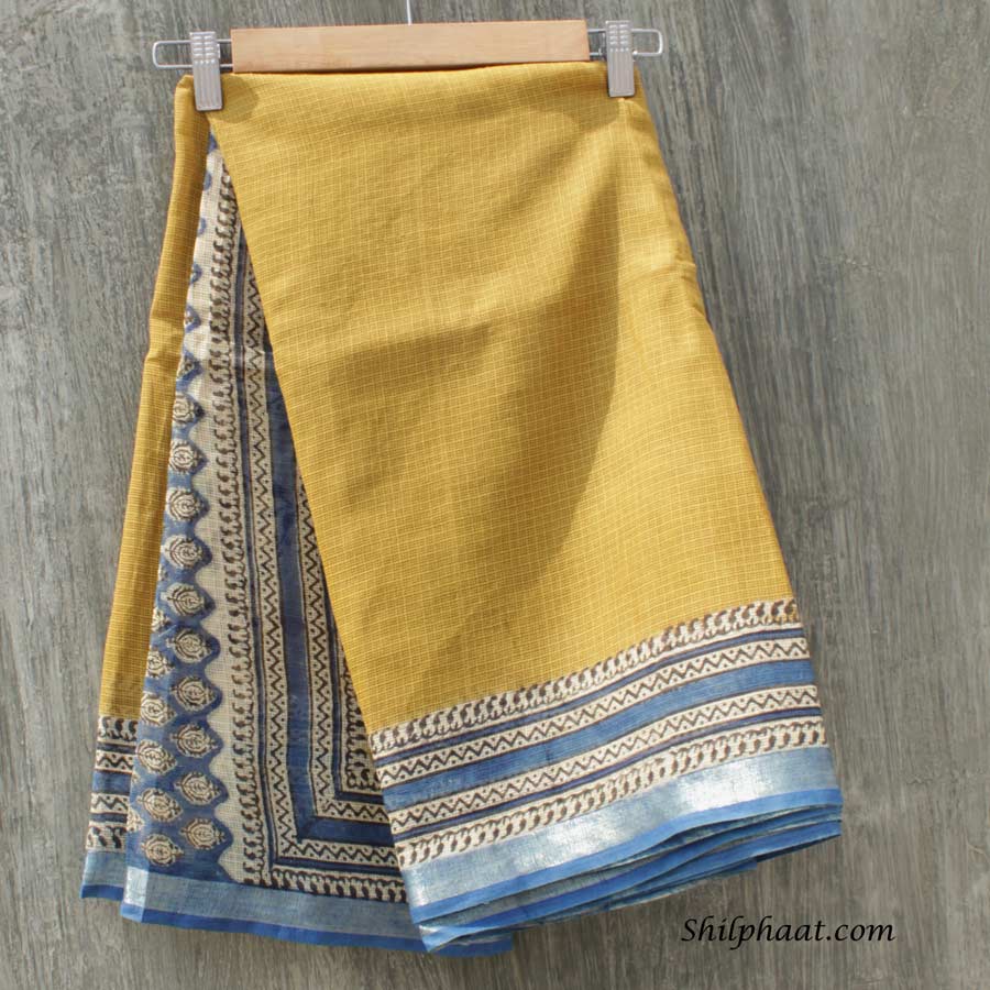 Blue-and-Heena-Green-Bagru-printed-Kota-doria-sari at Shilphaat.com