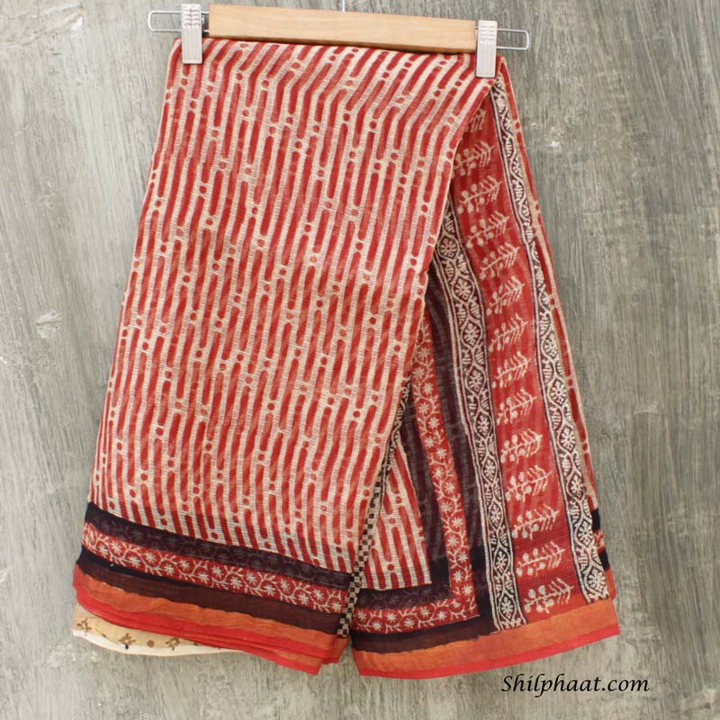 Dark-Red and Cream Bagru Kota-doria Saree at Shilphaat.com