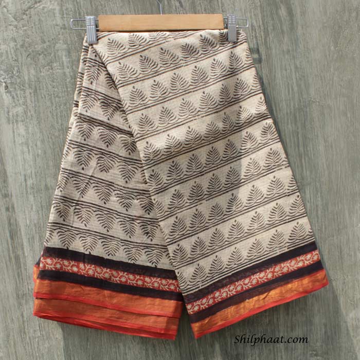Off-white-and-black-block-printed-Kota-cotton-saree at Shilphaat.com