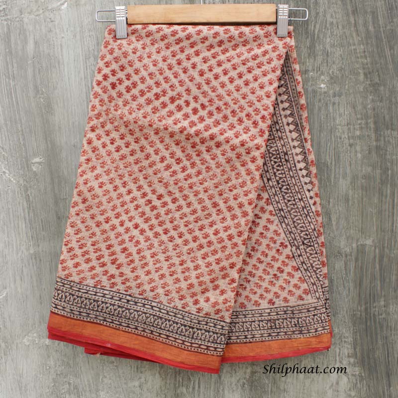 Red-and-Beige-block-printed-Kota-doria-saree at Shilphaat.com